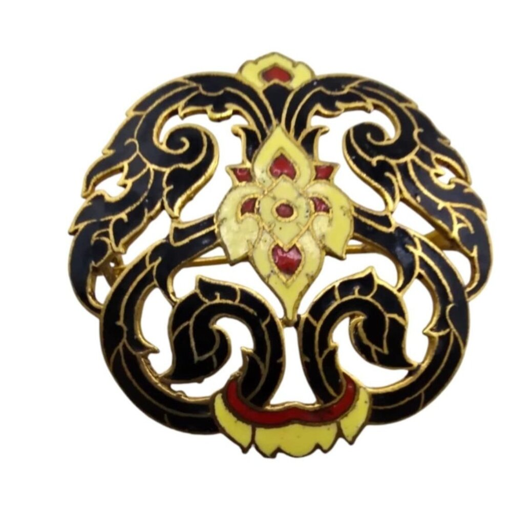 Vintage Enamel Over Bronze Brooch With Ornate Floral Design (A1770)